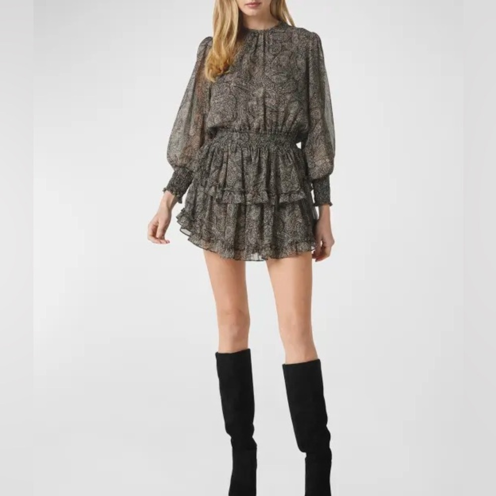 MISA Los Angeles Paisley Chiffon Tiered Mini Long Sleeve Elastic Waist Dress